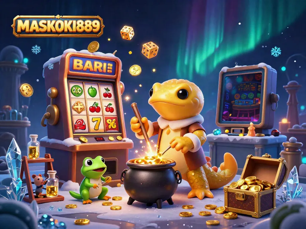 Experience the magic of MASKOKI889 with a vibrant 3D illustration of a salamander alchemist and exciting casino elements.
