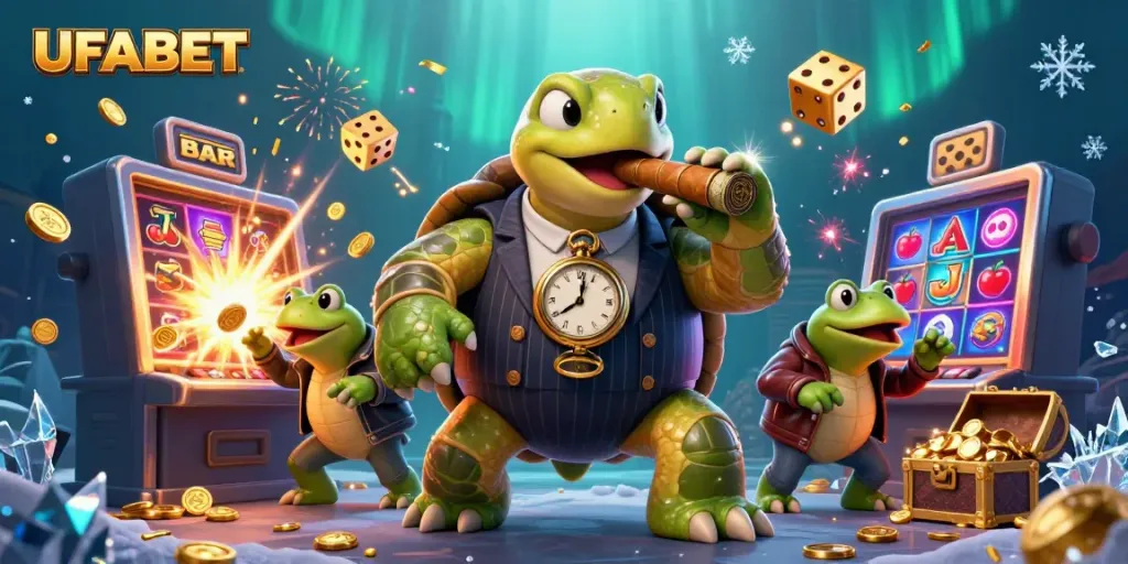 Experience the thrill of UFABET casino games with a dynamic 3D illustration featuring a snapping turtle and bullfrog enforcers.