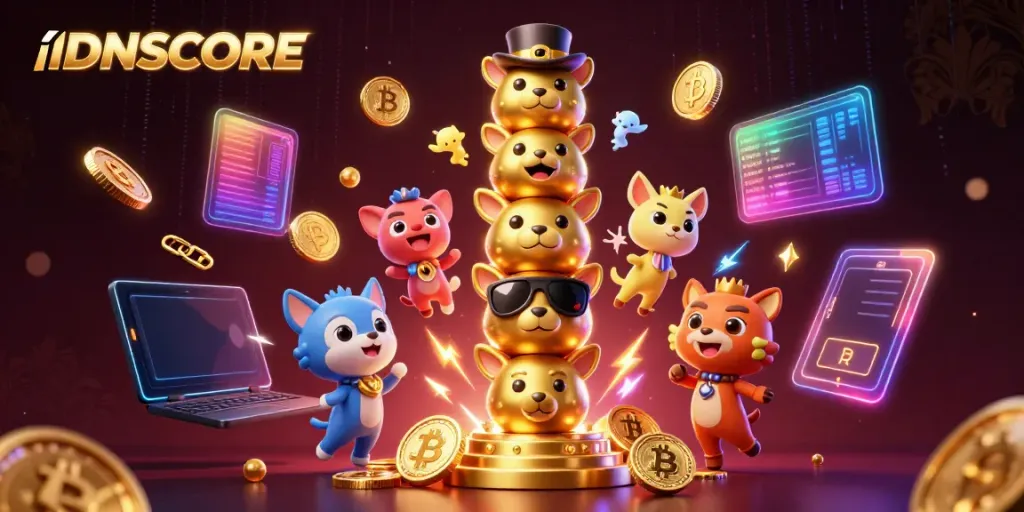 Experience IDNSCORE's vibrant casino energy with a golden totem pole amid neon crypto elements