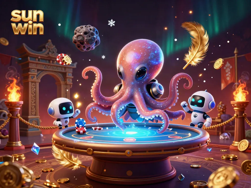 Experience thrilling poker action with sun win, featuring an alien octopus at a holographic table.