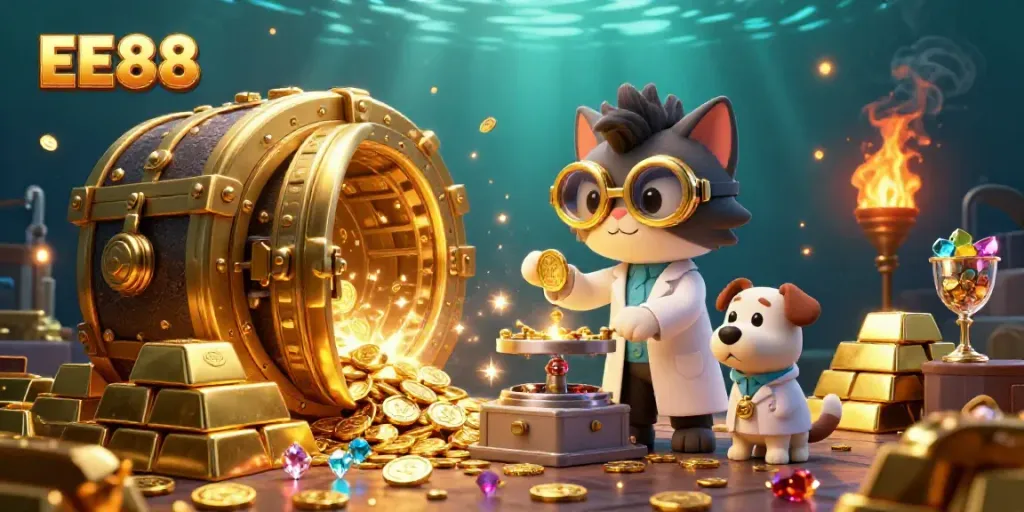 Engage in exciting gaming adventures with the mad scientist cat and dog at EE88!