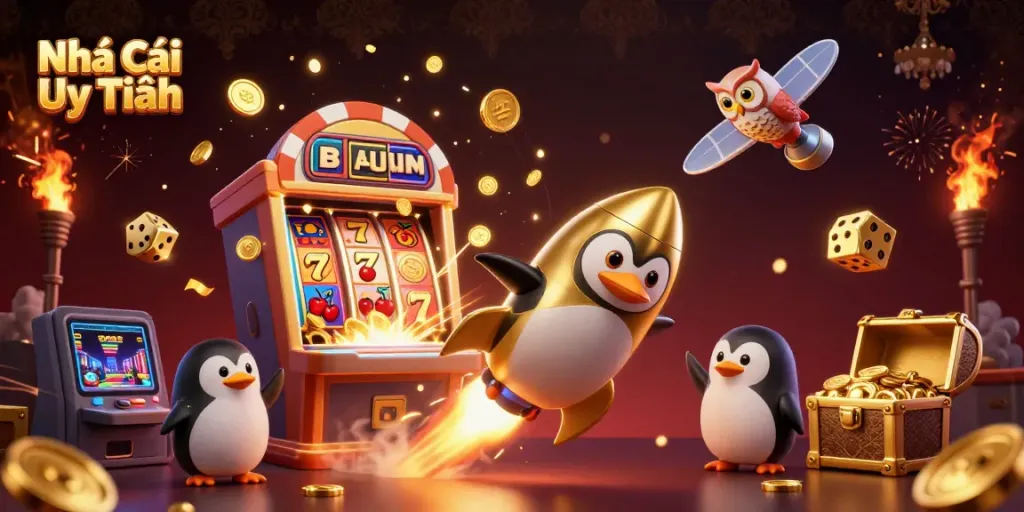 Play the exciting slot games at Nhà Cái Uy Tín while discovering epic wins with a golden penguin.