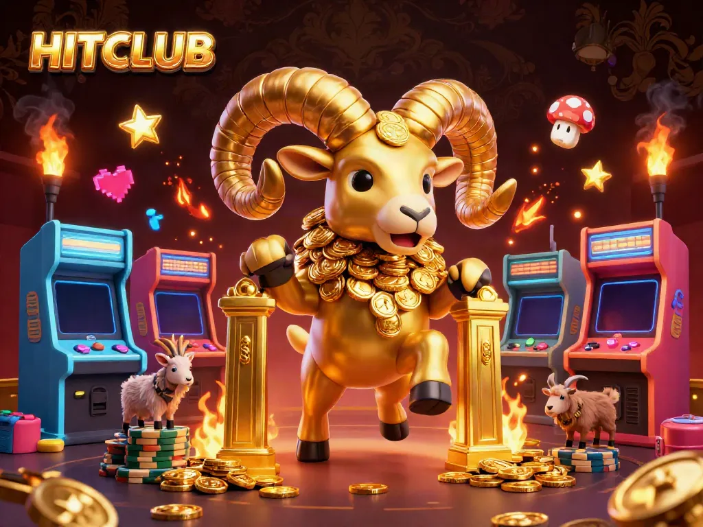 Experience the vibrant energy of HITCLUB in an ultra-detailed 3D casino scene featuring the golden ram and colorful gaming elements.