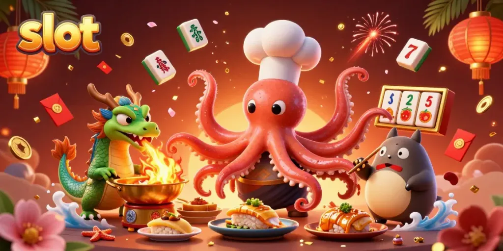 Celebrate your wins with slots amid vibrant characters and rich casino elements.