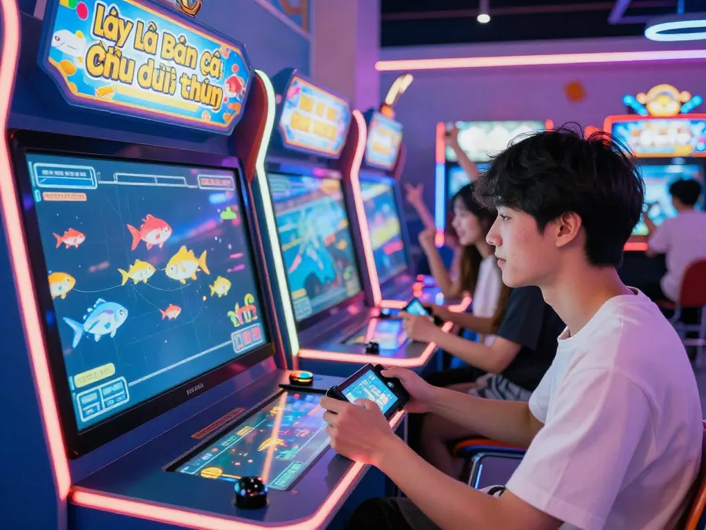 Engaged gamer playing lại là Bắn cá đổi thưởng at a vibrant arcade.