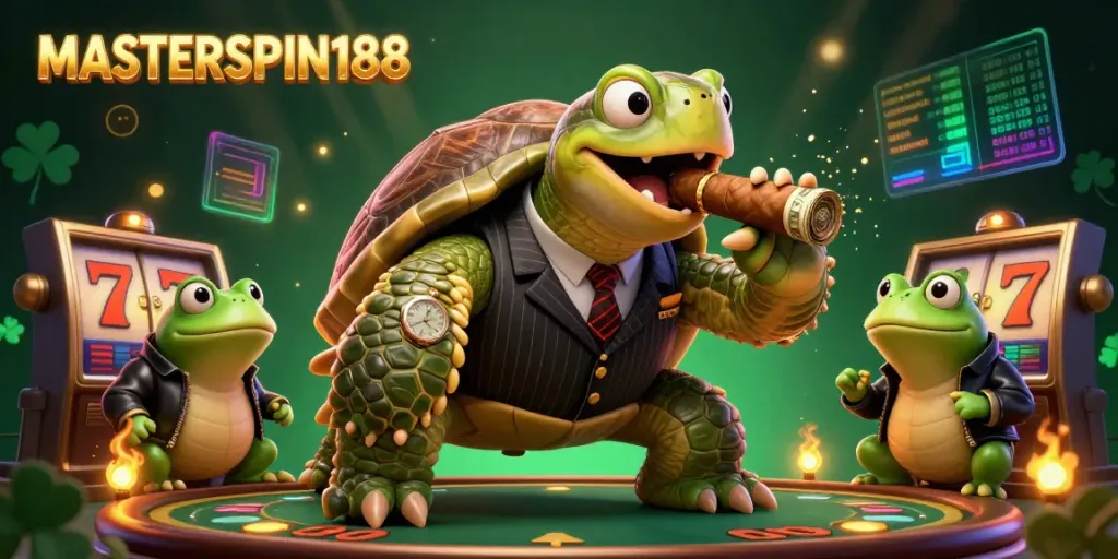 Engage with MASTERSPIN188 through an exciting digital illustration showcasing a vibrant casino scene with unique characters and elements.