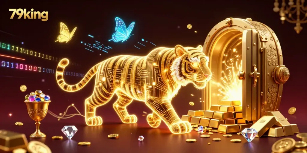 Experience exhilarating gameplay in the stunning 79king casino environment, featuring a golden tiger and dazzling treasures.
