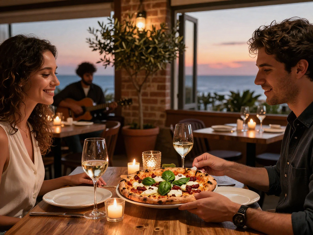 Couple sharing a lavowin daftar meal in a cozy Naples restaurant setting.