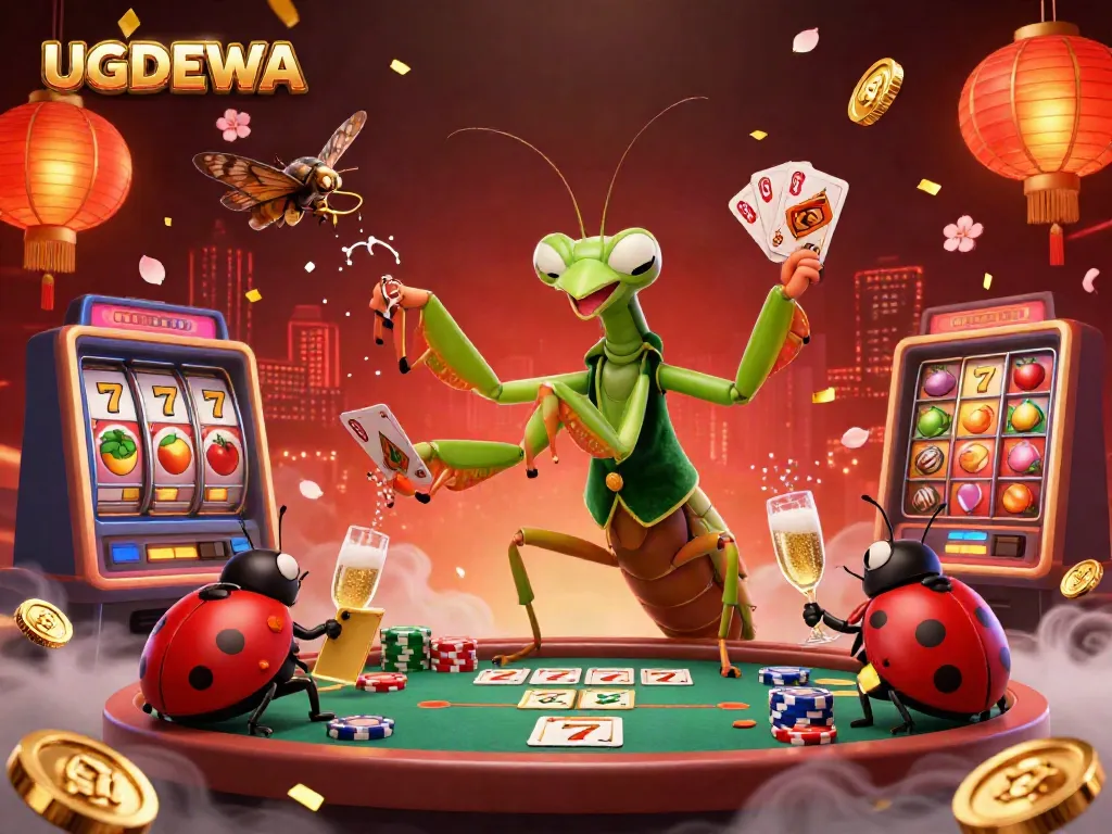 Casino scene with UGDEWA branding featuring a giant mantis card sharp and ladybug pit boss, surrounded by slot reels and festive decorations.