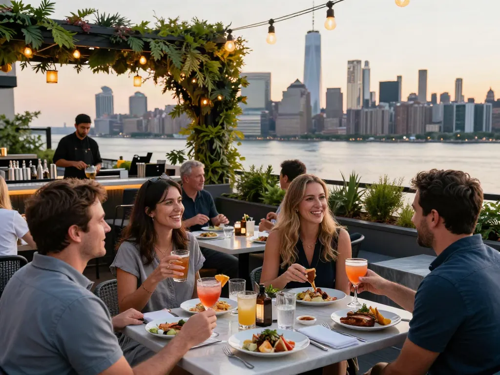 Enjoy cocktails and gourmet dishes at NOHU Rooftop Bar with stunning NYC skyline views.