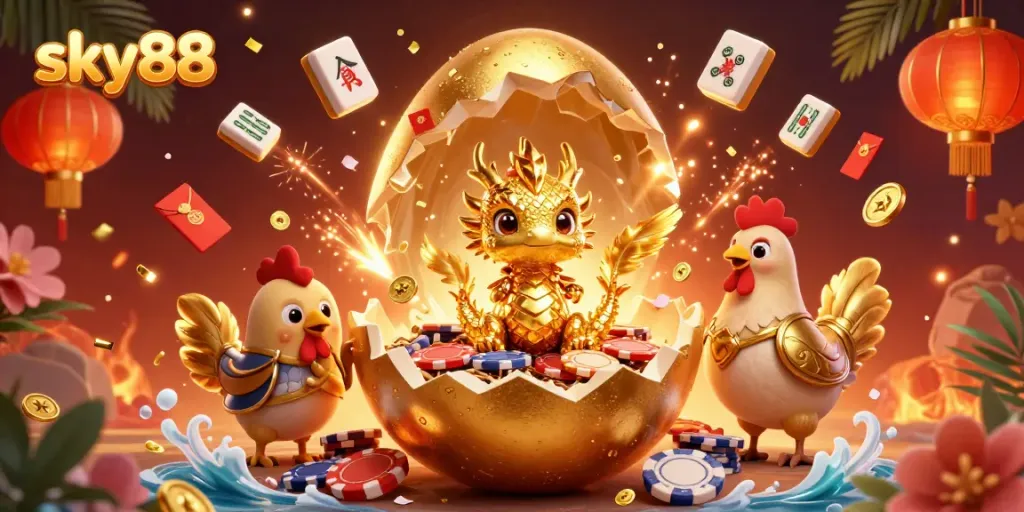 Experience thrilling moments at sky88 with a 3D golden dragon and poker chips, symbolizing casino excitement.