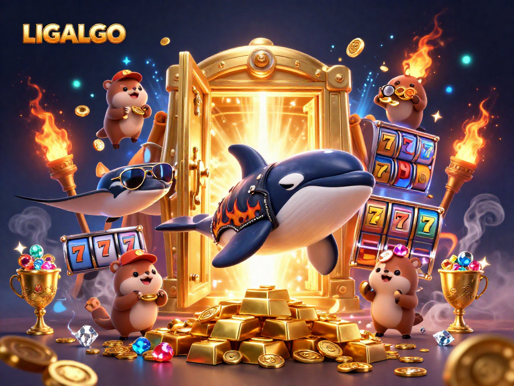 LIGALGO features an exciting scene with characters celebrating wins in a vibrant casino setting.