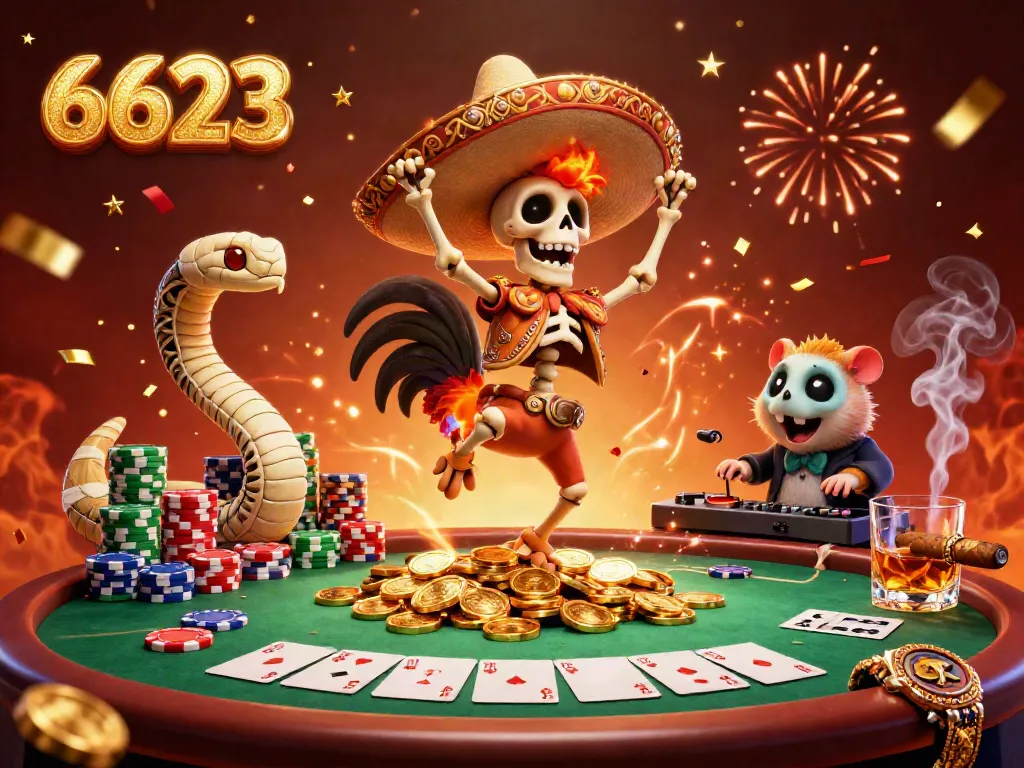 Celebrate wins at the online casino 6623 with a victorious mariachi rooster in a dynamic 3D illustration.