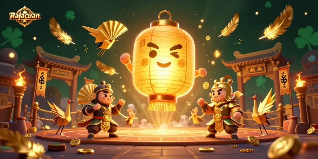 Experience Rajacuan's captivating online gaming scene with a vibrant, dynamic 3D illustration showcasing thrilling casino elements.