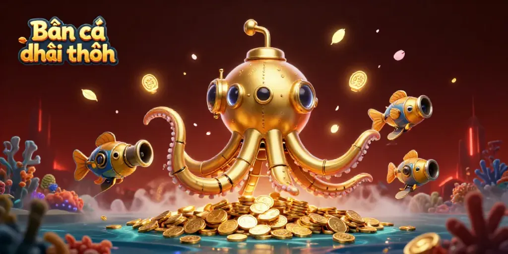 Experience Bắn cá đổi thưởng with the golden kraken submarine amidst mechanical fish in a vibrant underwater scene.