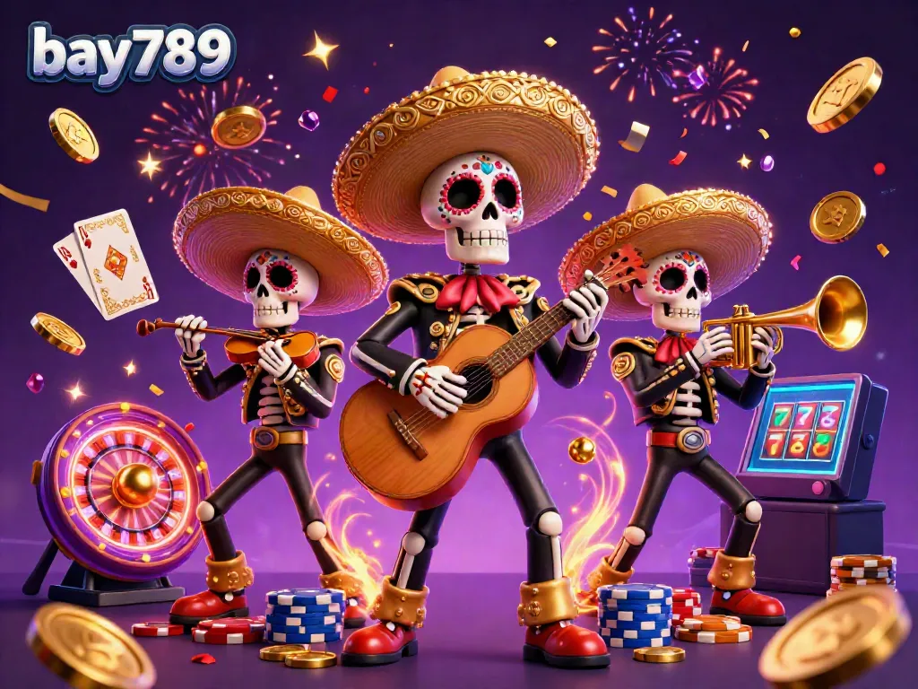 Experience the excitement of bay789 with a vibrant 3D illustration of a festive skeleton mariachi band amid casino elements.