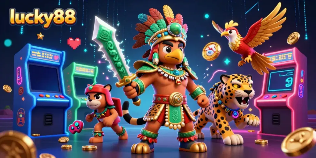 Engage in thrilling casino action with lucky88 surrounded by vibrant game elements and heroes.