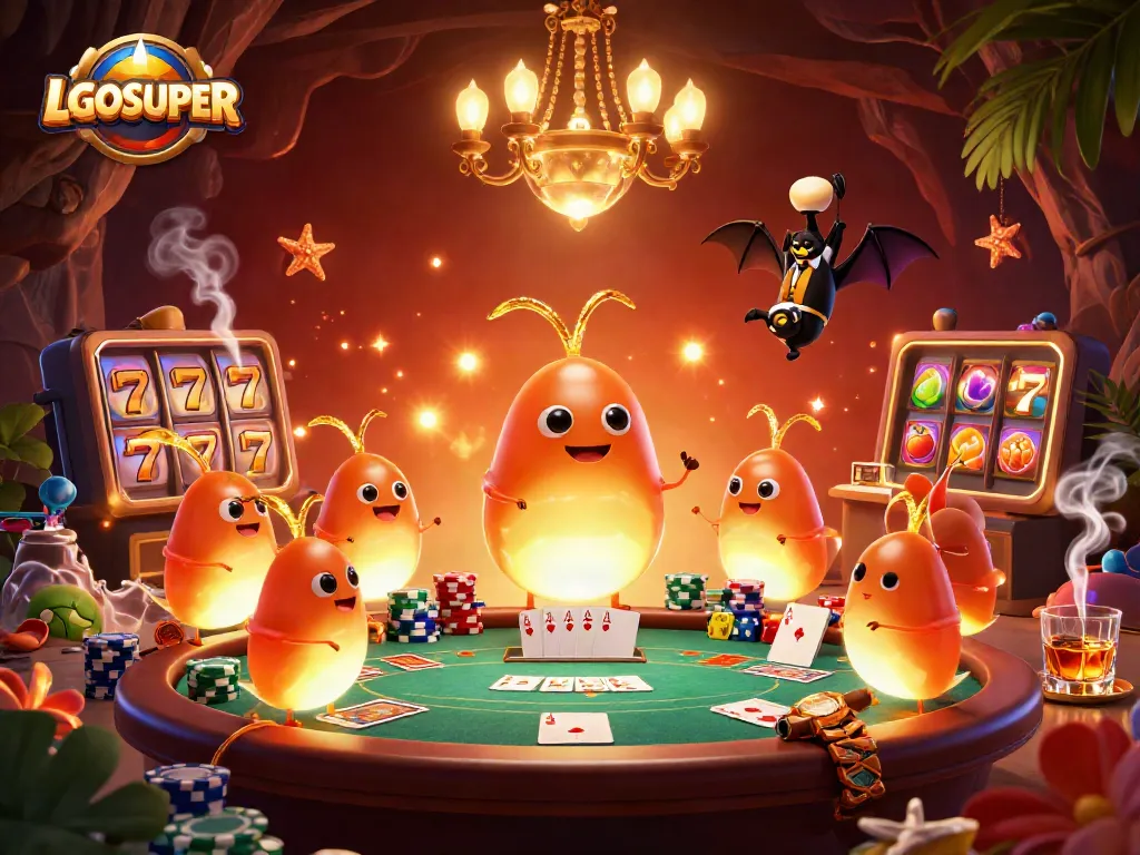 LGOSUPER lights up a vibrant casino scene with glowing worms, poker elements, and a bat dealer.