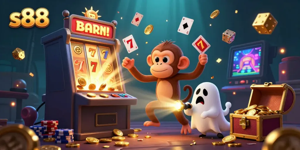 s88 juggles golden coins and cards in a haunted casino scene while a curious puppy tracks it.