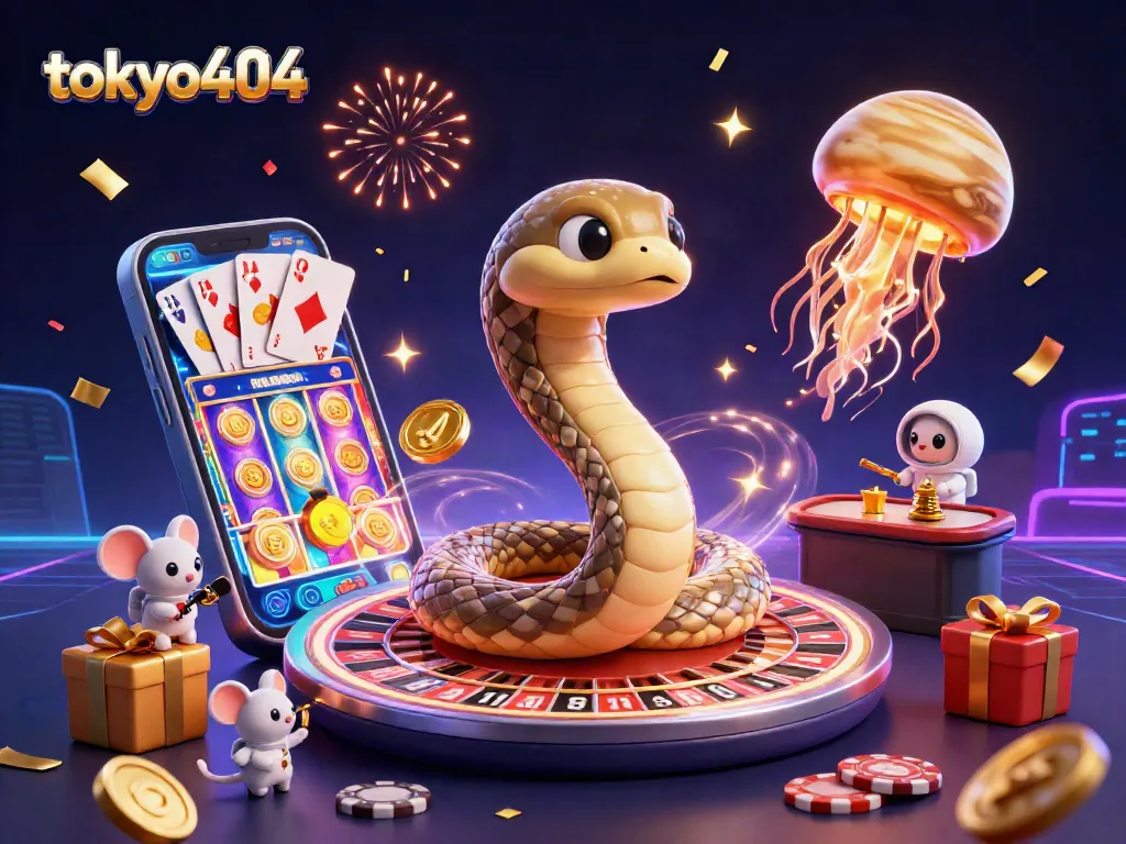 Experience thrilling bets at tokyo404 with a vibrant cosmic casino scene featuring playful characters.