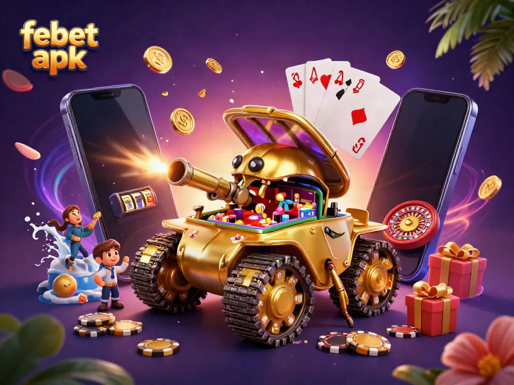 Experience the excitement of febet apk with a whimsical casino scene depicting a golden beetle tank filled with games and prizes.