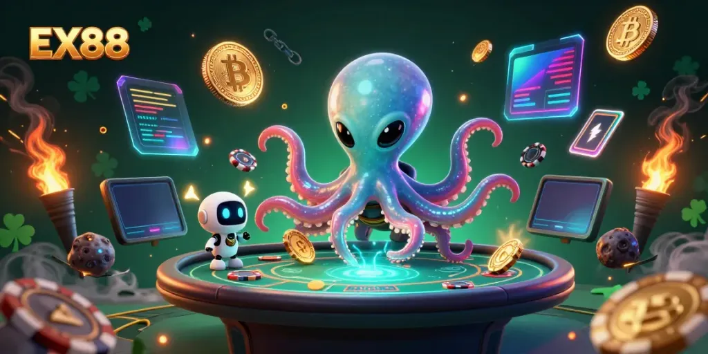Play casino games with EX88 in a vibrant 3D scene featuring an alien octopus and crypto elements.