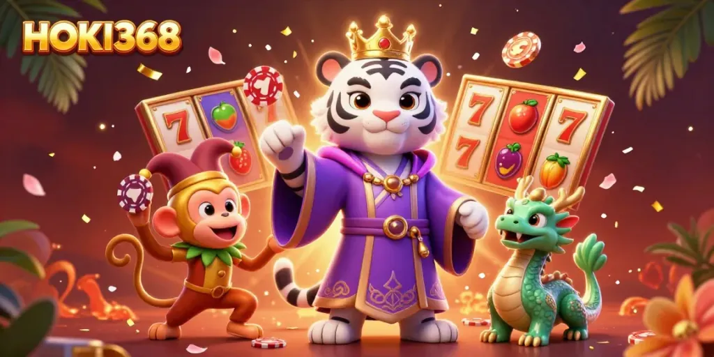 Experience HOKI368 with a playful golden monkey and an elegant tiger amidst slot reels for winning moments.