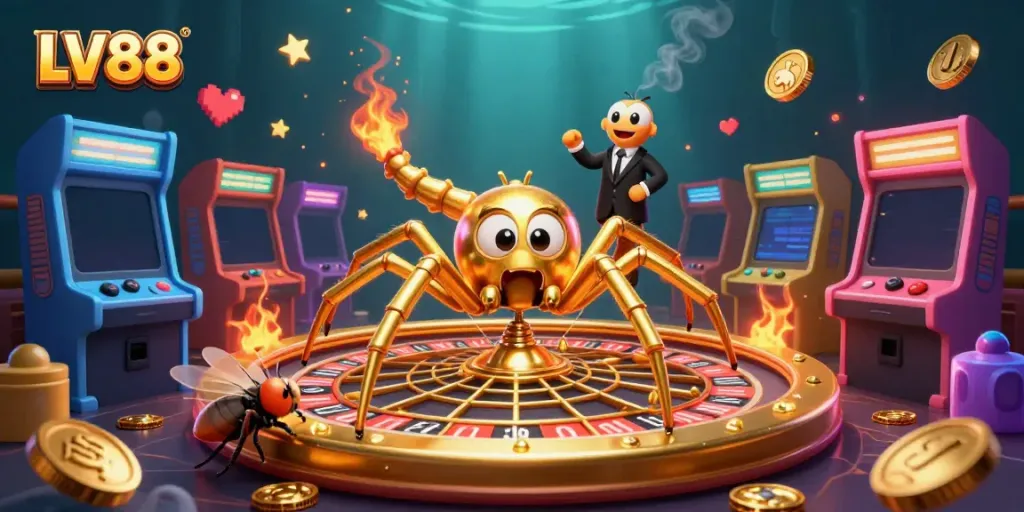 Engage in LV88's thrilling gaming experience with playful cartoon characters amidst a vibrant casino setting.