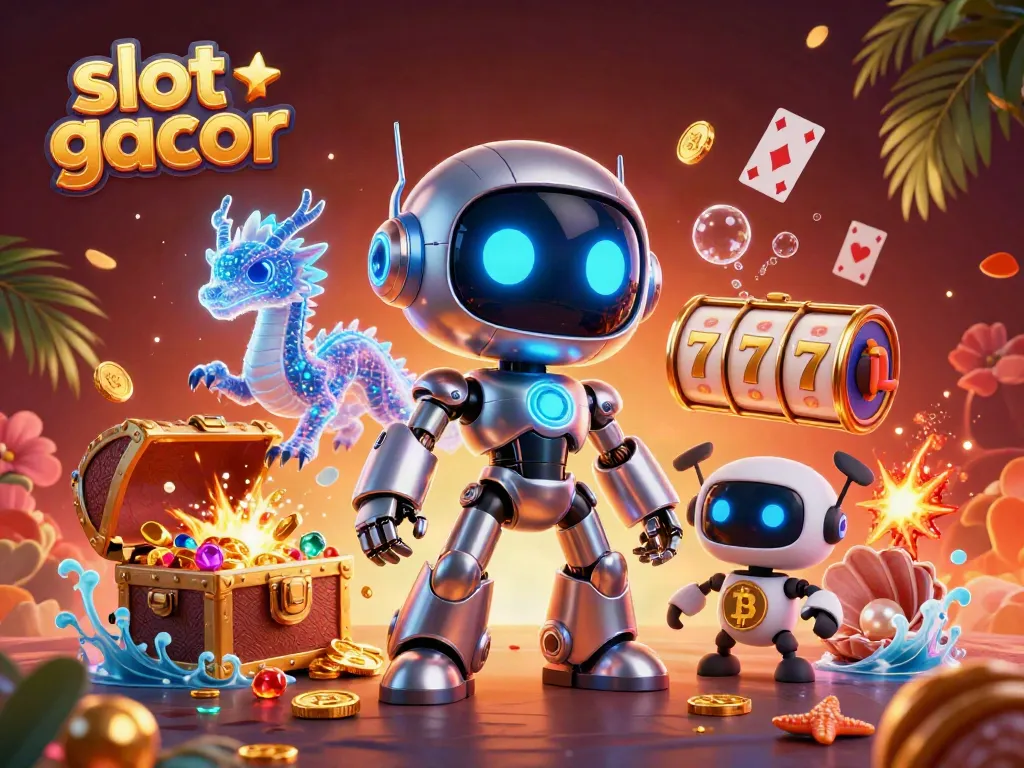 Engaging illustration of slot gacor showcasing vibrant casino elements with 3D cartoon characters.