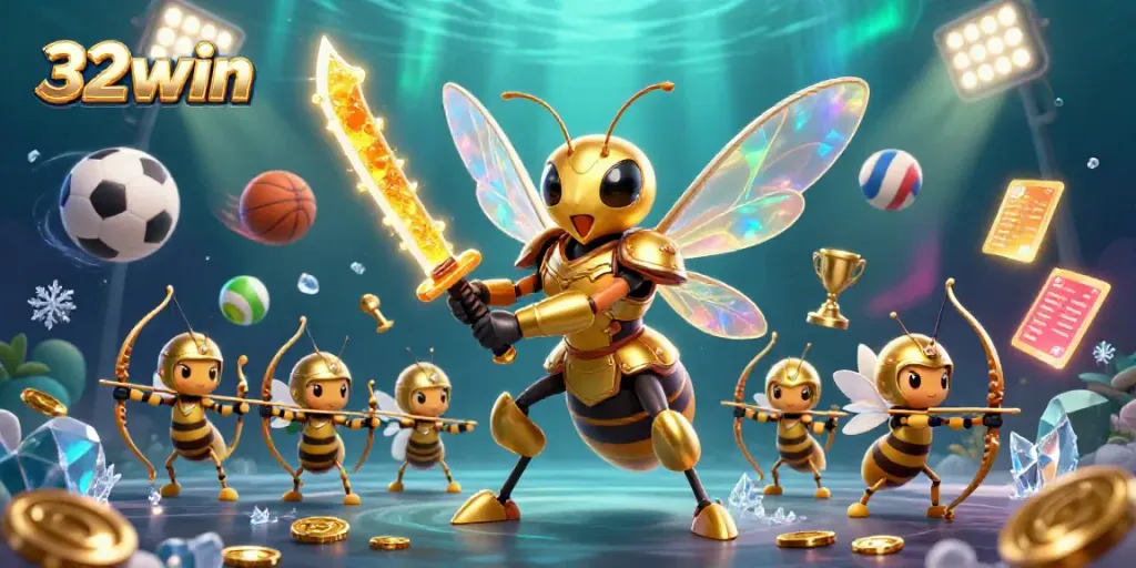 Experience the dynamic energy of 32win with vibrant sports elements, a golden hornet, and bee archers in an exciting casino scene.