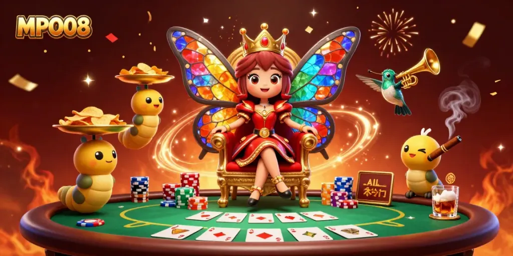 Experience the excitement of MPO08 with a vibrant 3D casino scene featuring a butterfly queen, poker chips, and festive elements.