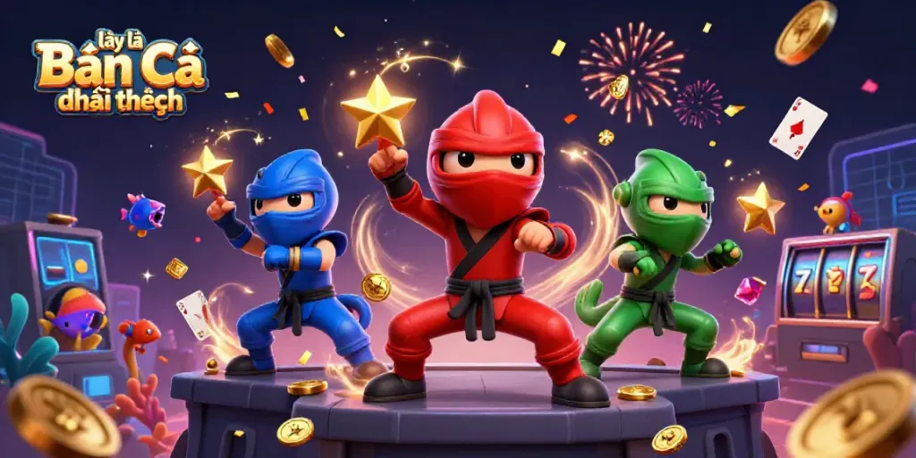 Cascade golden coins and sparkling gems flowing in a vibrant scene with characters from lại là Bắn cá đổi thưởng.