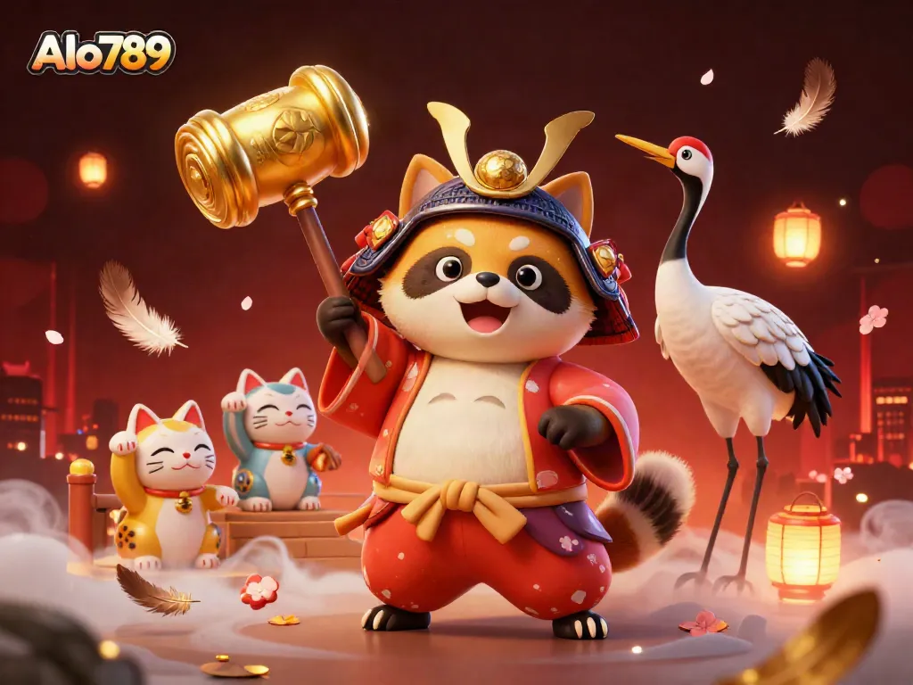 Engage with Alo789 in a vibrant cockfighting scene featuring a tanuki and maneki-neko celebrating luck and fortune.