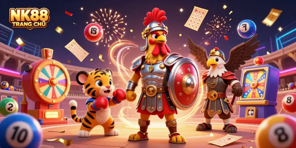 Experience the excitement of NK88 TRANG CHỦ with a lively casino-themed illustration featuring vibrant gaming elements.