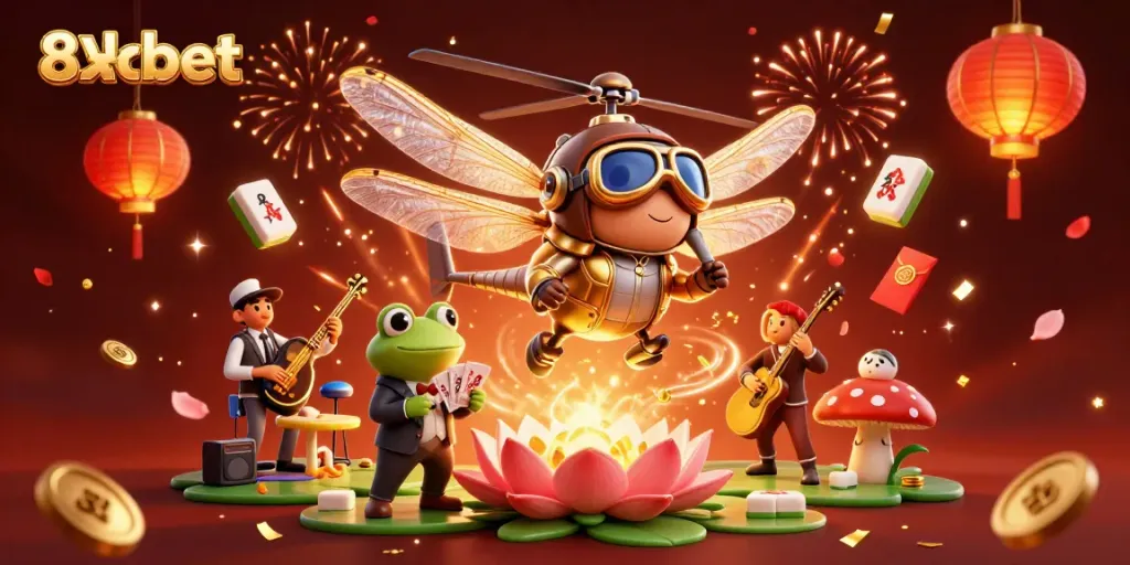 Experience thrilling action with 8xbet as the dragonfly pilot, frog croupier, and jazz-playing crickets come alive!