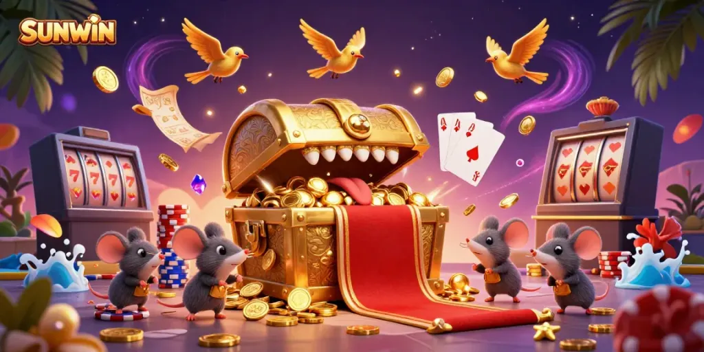 SUNWIN invites adventurous players with a treasure chest, coins, and a vibrant casino atmosphere.