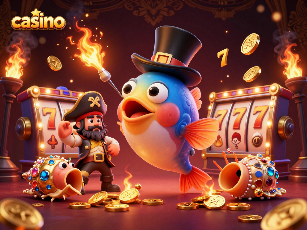 Engage in casino fun with glowing anglerfish, pirate shrimp, and gem snail amidst lively slot reels.