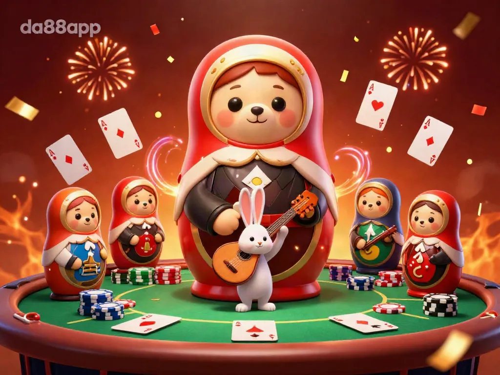 Experience da88app's exciting casino atmosphere with vibrant characters and poker elements.