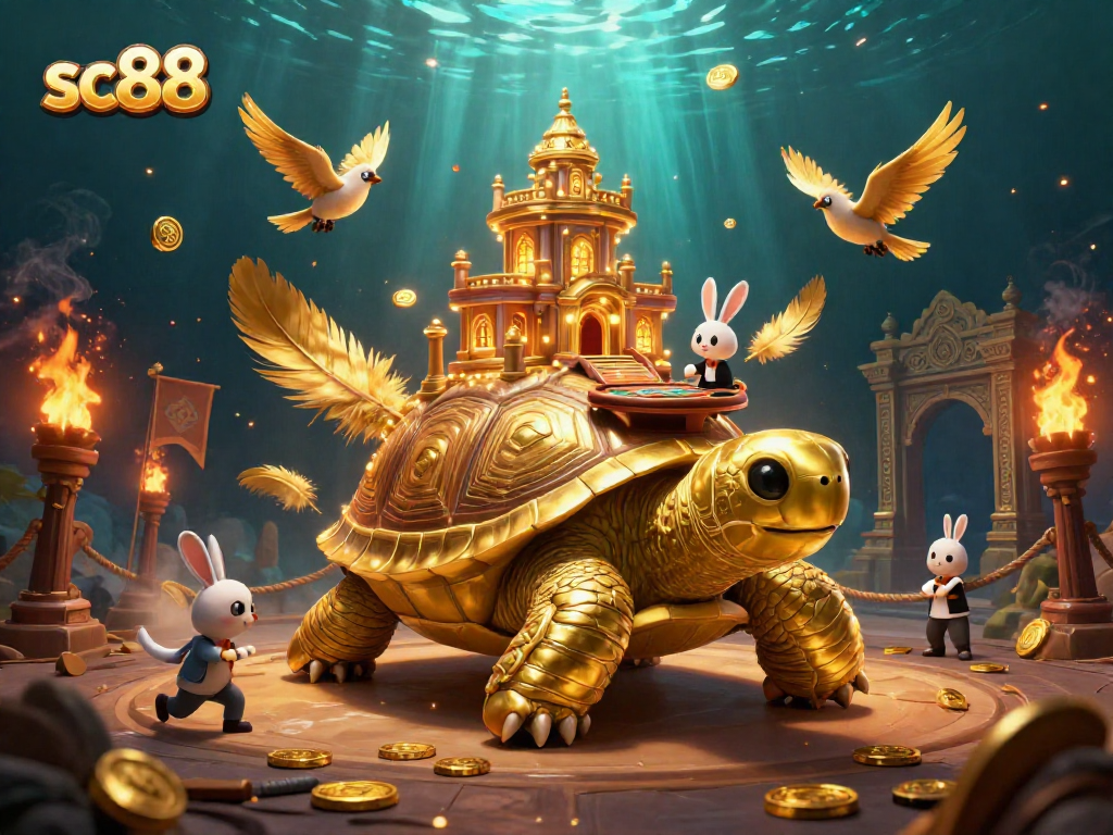 sc88 showcases an exciting casino scene with a golden tortoise hosting a card game and gold coins flying around