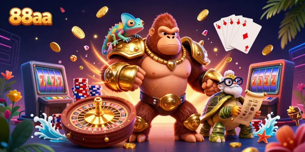 Witness thrilling action at 88aa with a gorilla king, chameleon, and tortoise amidst vibrant casino elements.