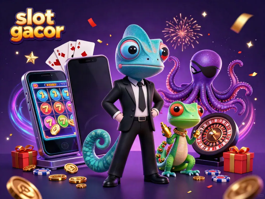 Engage with the largest slot gacor experience in a vibrant 3D casino scene filled with colorful characters and game elements.