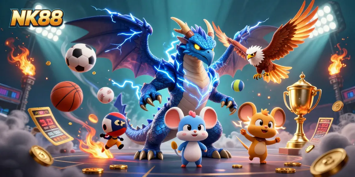 NK88 showcases a thrilling scene with a powerful thunder dragon, fierce wind hawk, and dynamic sports elements