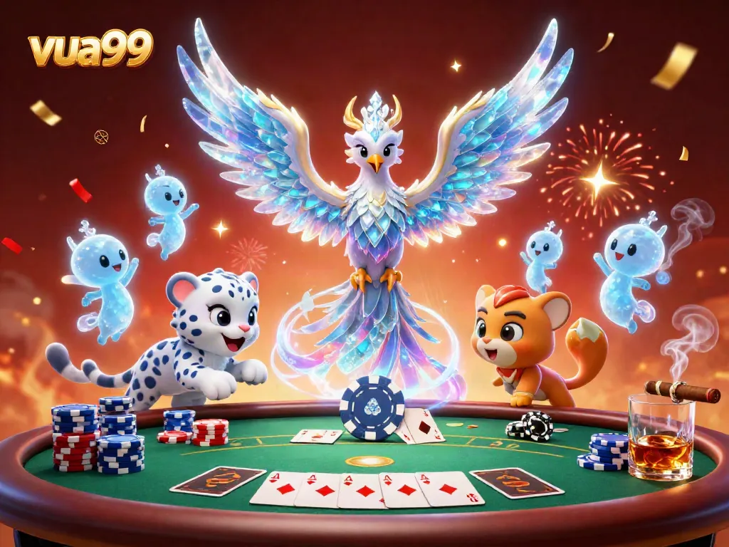 Join the fun at vua99 with a lively casino scene featuring a phoenix and poker elements.