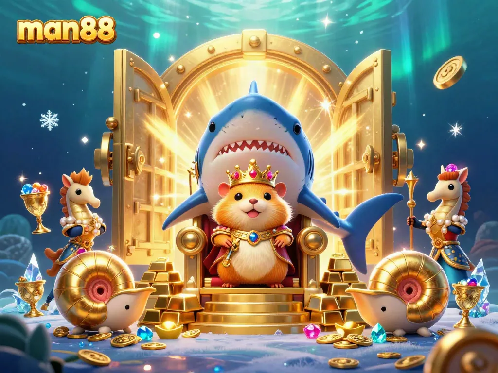 Experience the excitement of man88 with a golden hamster king and treasures in a vibrant casino-themed scene.