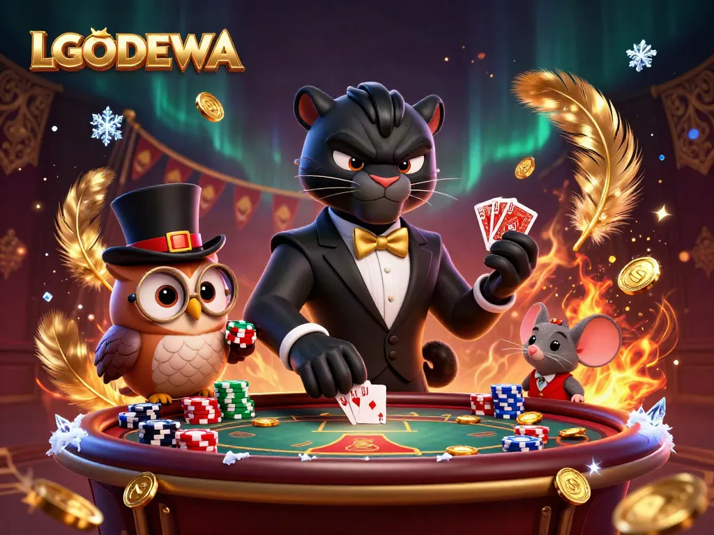 Experience excitement with LGODEWA, where a stylish panther deals cards expertly among poker elements.