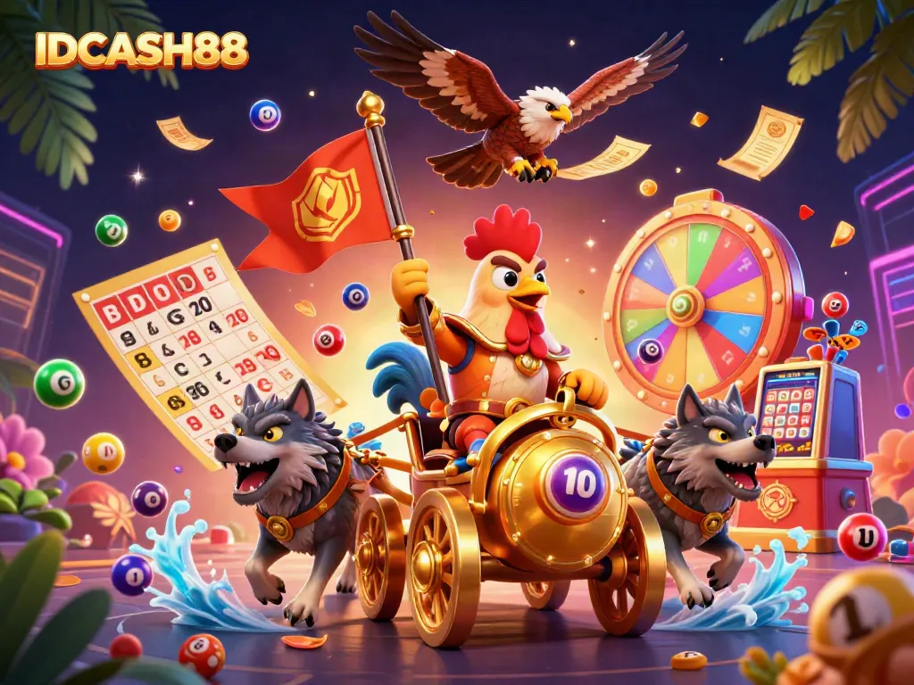 Experience the vibrant gaming world of IDCASH88 with a dynamic 3D illustration showcasing thrilling lotteries and rich visuals.