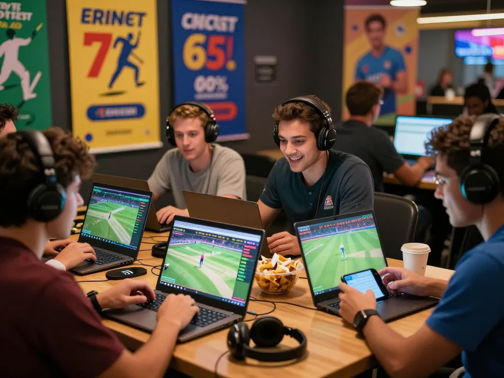 Exciting cricket bonus site scene with friends discussing betting strategies in an online casino.