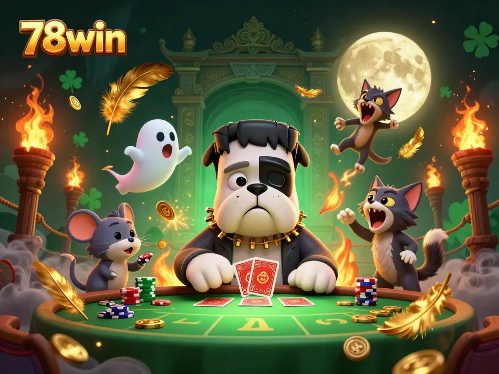 78win characters dealing cards in a casino setting, filled with energy and vibrant colors.