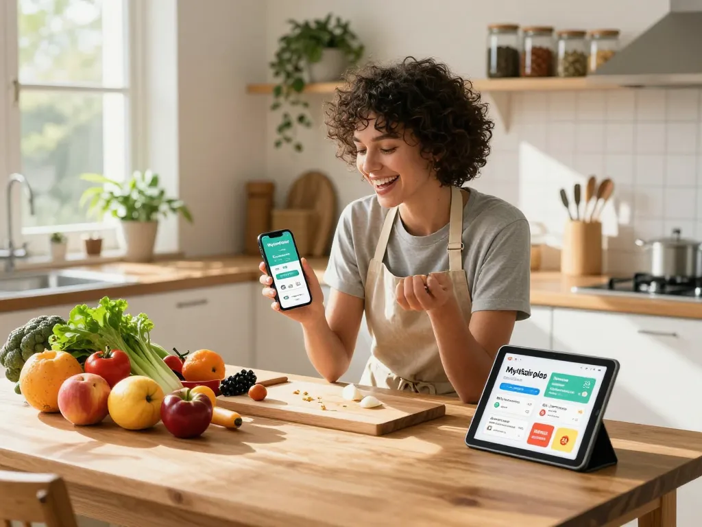 Using My Fairplay app on smartphone in a bright kitchen while preparing fresh groceries.