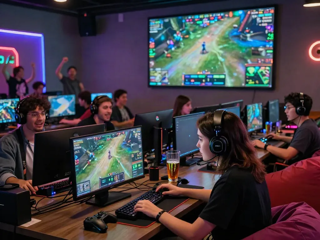 Engaging gaming scene at https://ku88vt.com/ with diverse players, esports screens, and vibrant atmosphere.